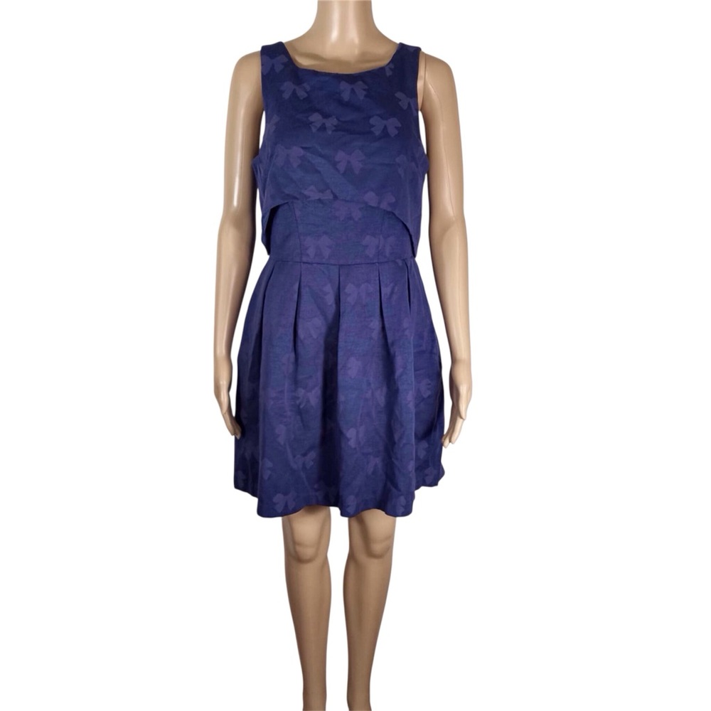 ASOS Blue Bow Print Layered Sleeveless Cut Out Back Pleated Dress Size 6